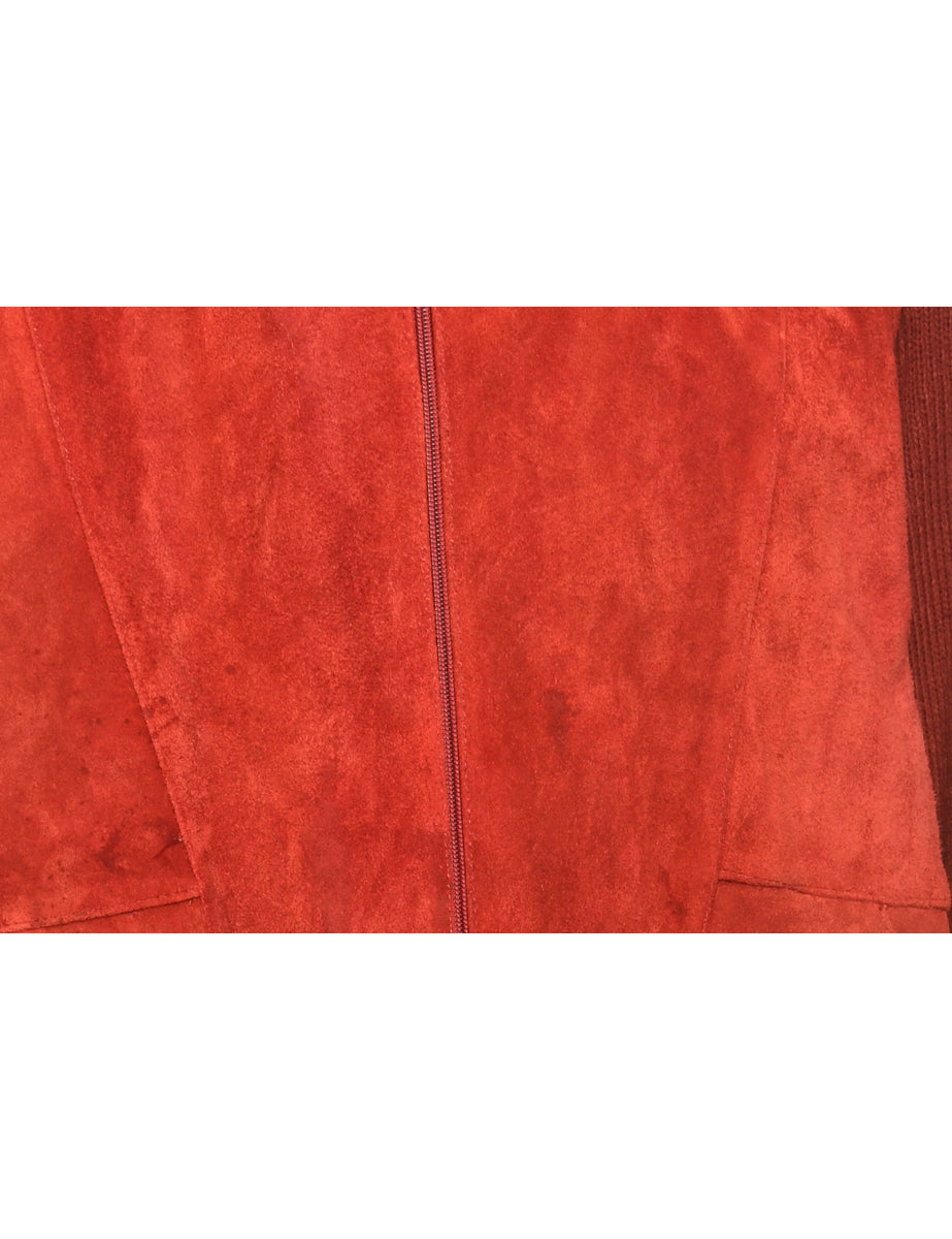 Maroon Zip-Front Suede Detail Cardigan - M