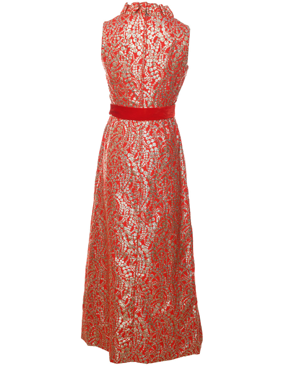Lurex Thread Pattern Red & Silver 1970s Maxi Evening Dress - XS