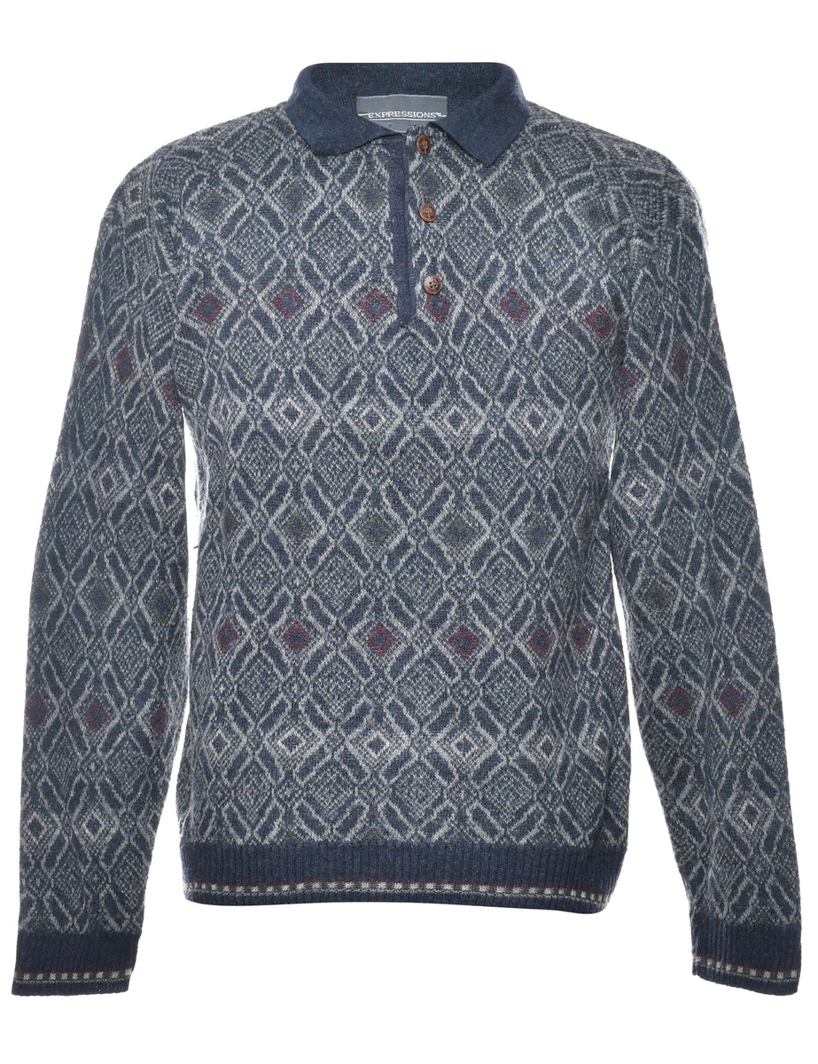 Patterned Navy Jumper - M