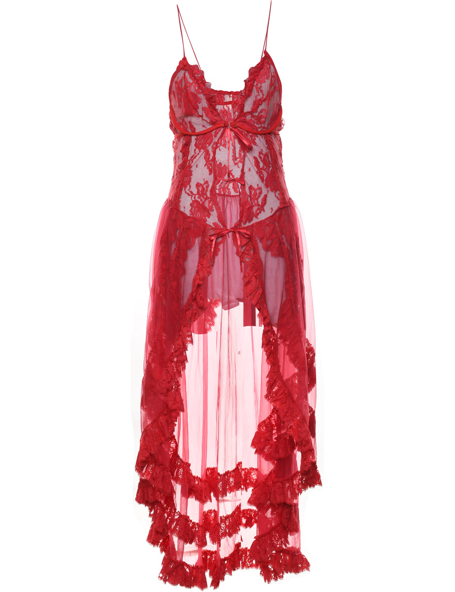 Red Tiered Sheer Slip Dress - M