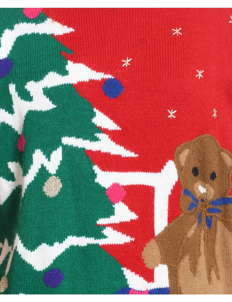 Teddy Bear Print Christmas Jumper - M