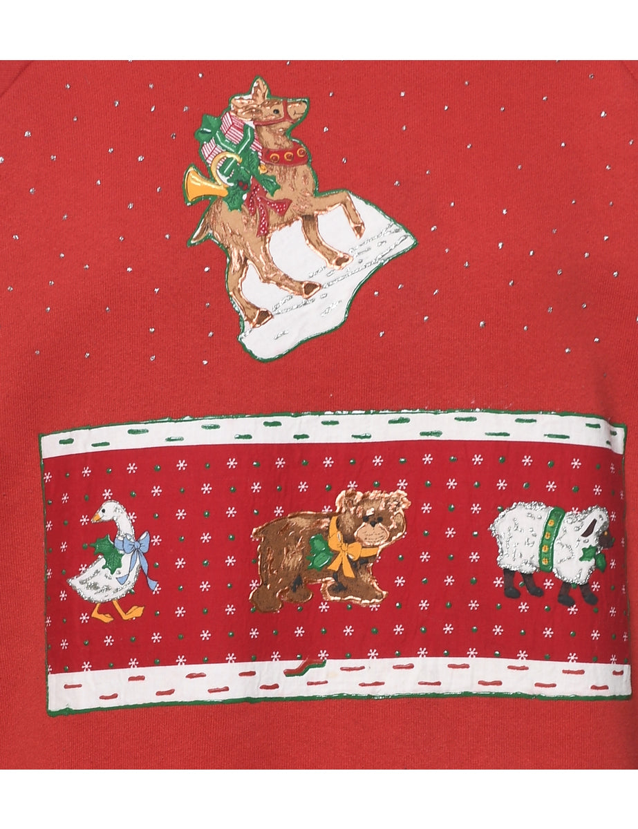 Red Christmas Animal Design Sweatshirt - L
