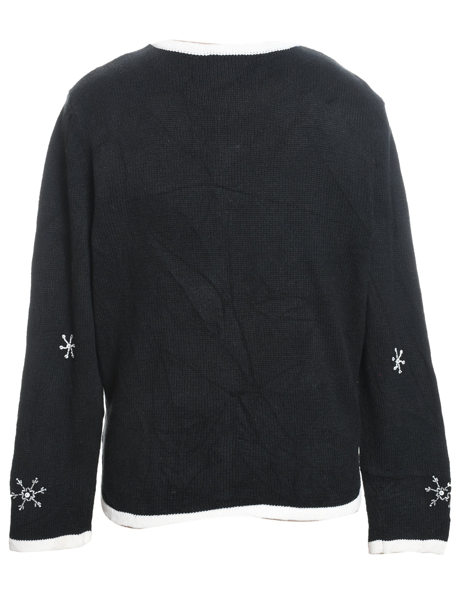 Black Appliqued Snowman Design Christmas Cardigan  - L