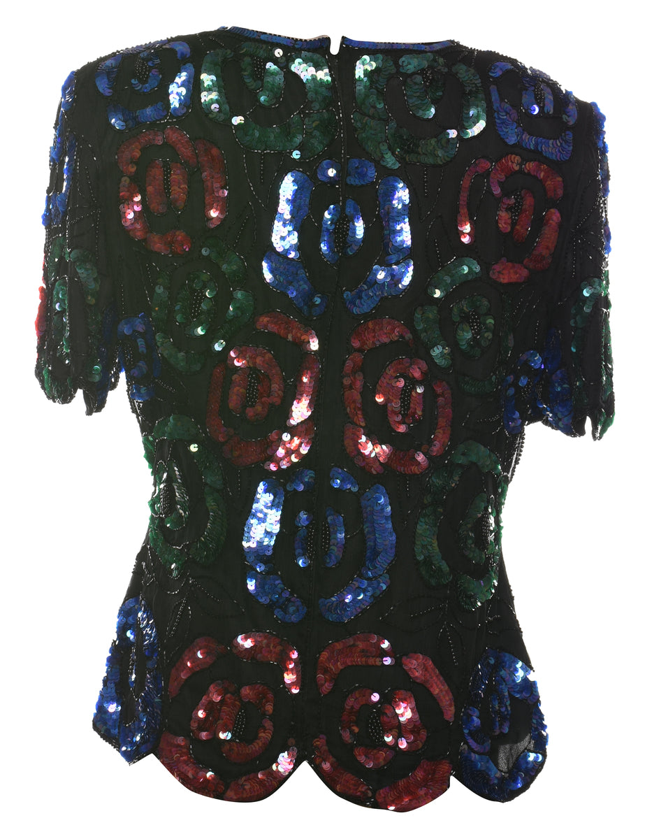 Sequined & Beaded Silk Party Top - S