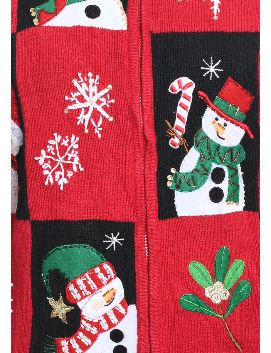 Snowman Design Black & Red  Christmas Cardigan - M