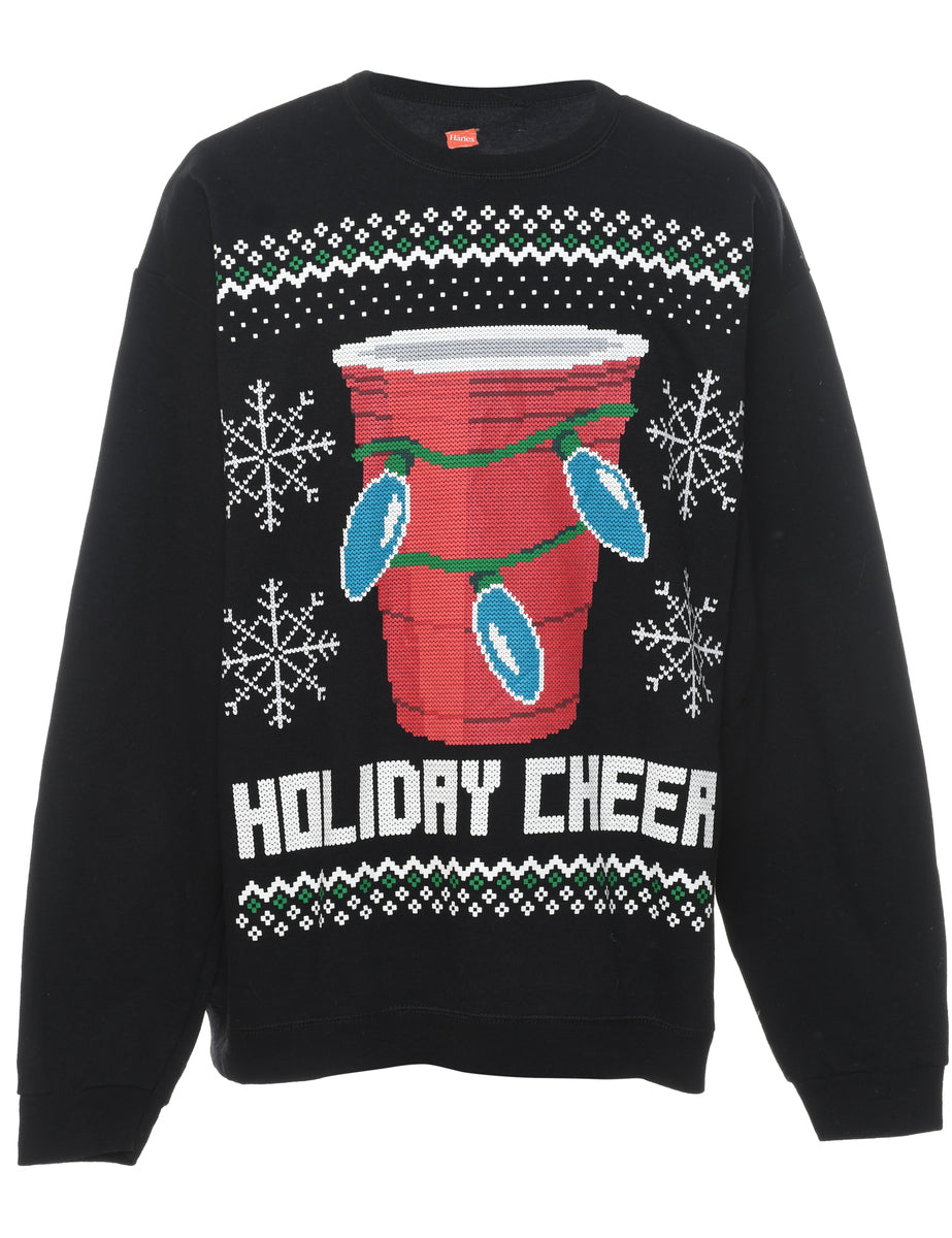 Festive Season Black Printed Christmas Sweatshirt - L