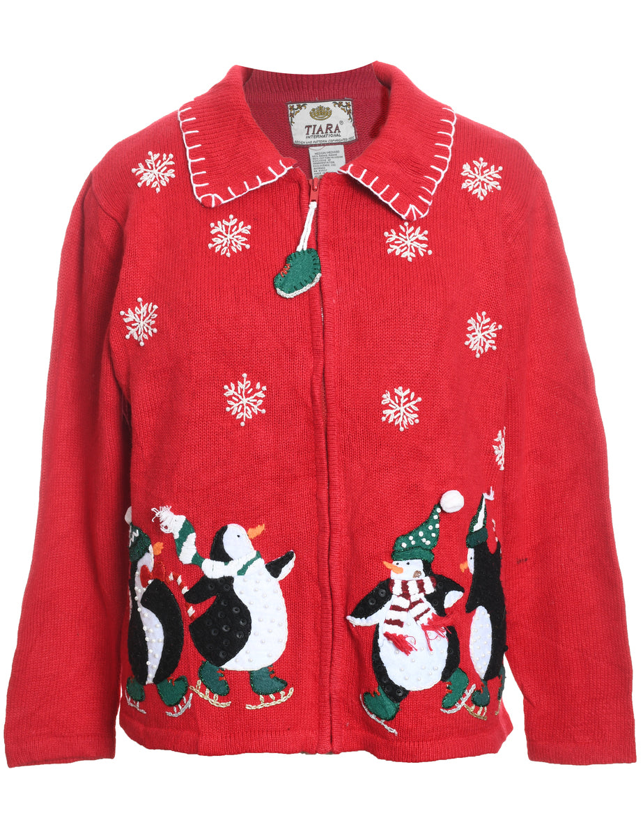 Red Embroidered Zip-Front Christmas Cardigan  - M