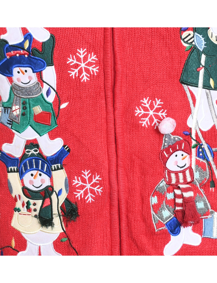 Snowman Design Red Appliqued Christmas Cardigan - S
