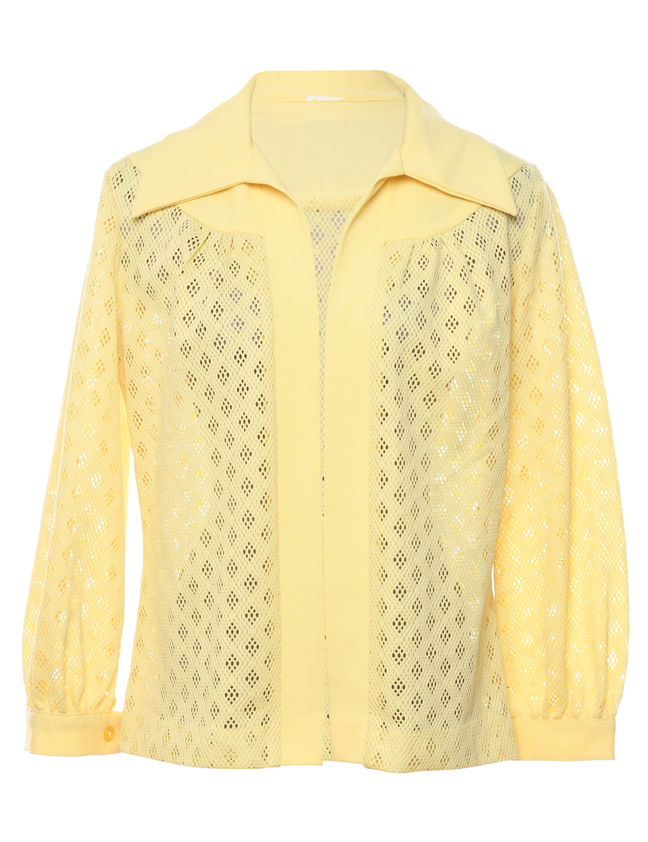 1970s Yellow Dagger Collar Crochet Jacket - L