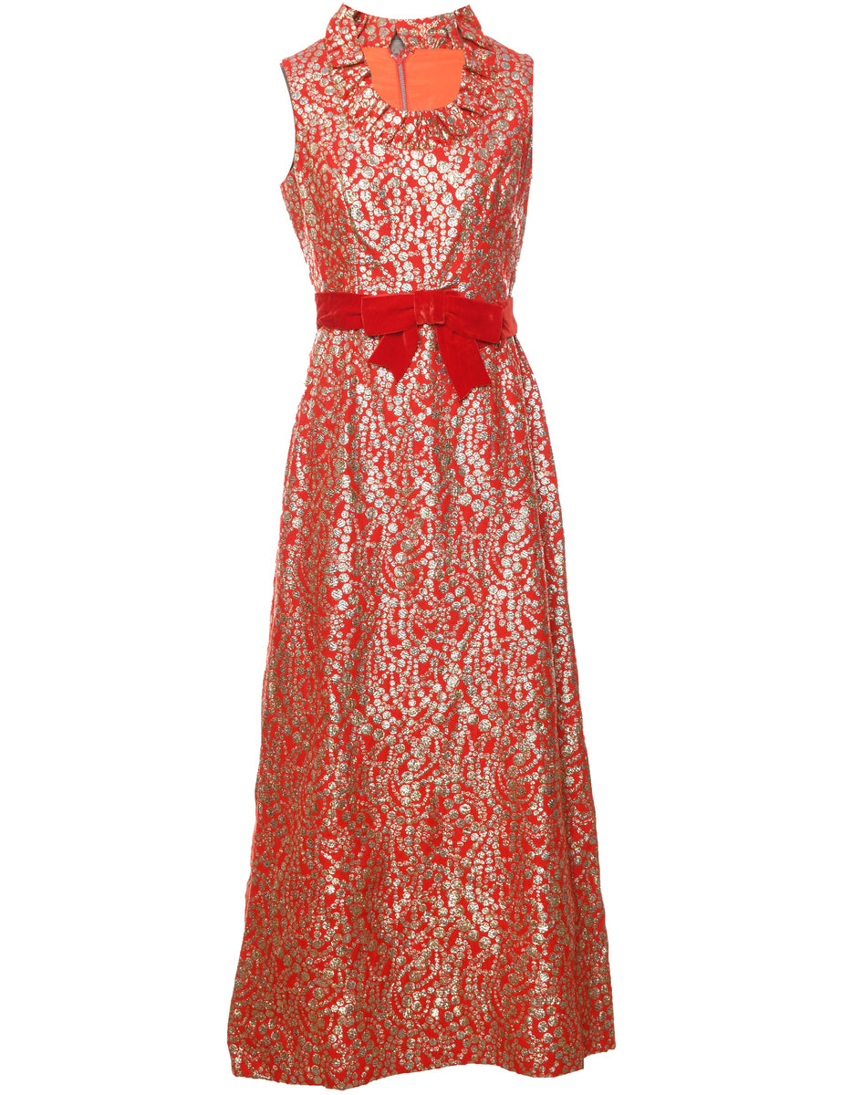 Lurex Thread Pattern Red & Silver 1970s Maxi Evening Dress - XS