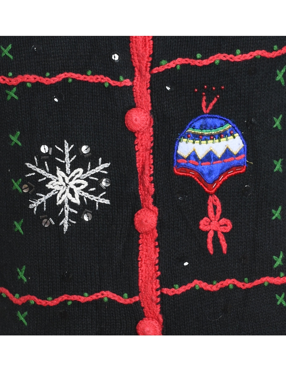 Black Embroidered Button-Front Christmas Cardigan  - S