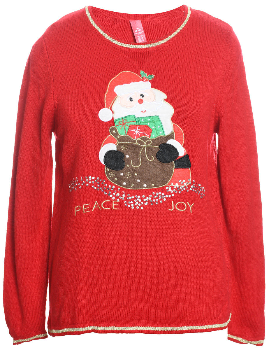 Santa Claus Design Red Knit Christmas Jumper - M