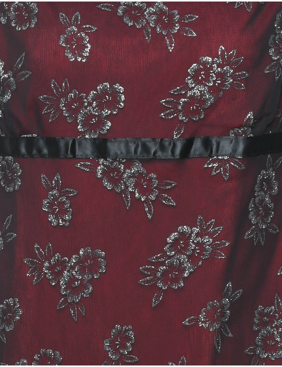 Floral Print Black & Maroon 1990s Sparkly Mini Dress - M