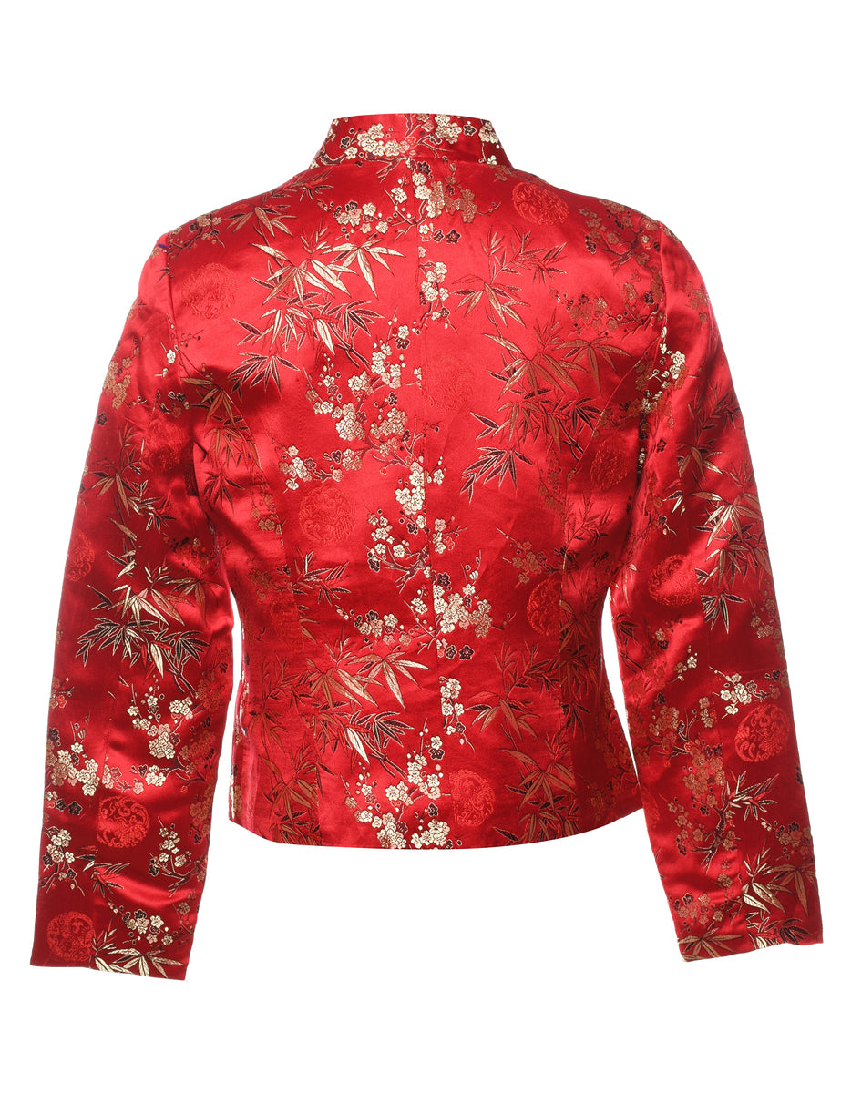 Jacquard Red Floral Metallic Evening Jacket - M