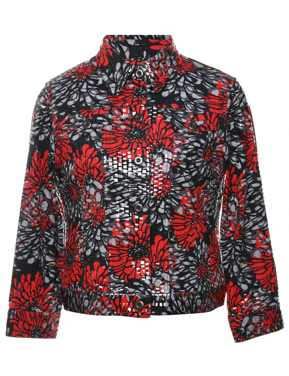 Floral Pattern Grey, Red & White Sparkly Jacket - M