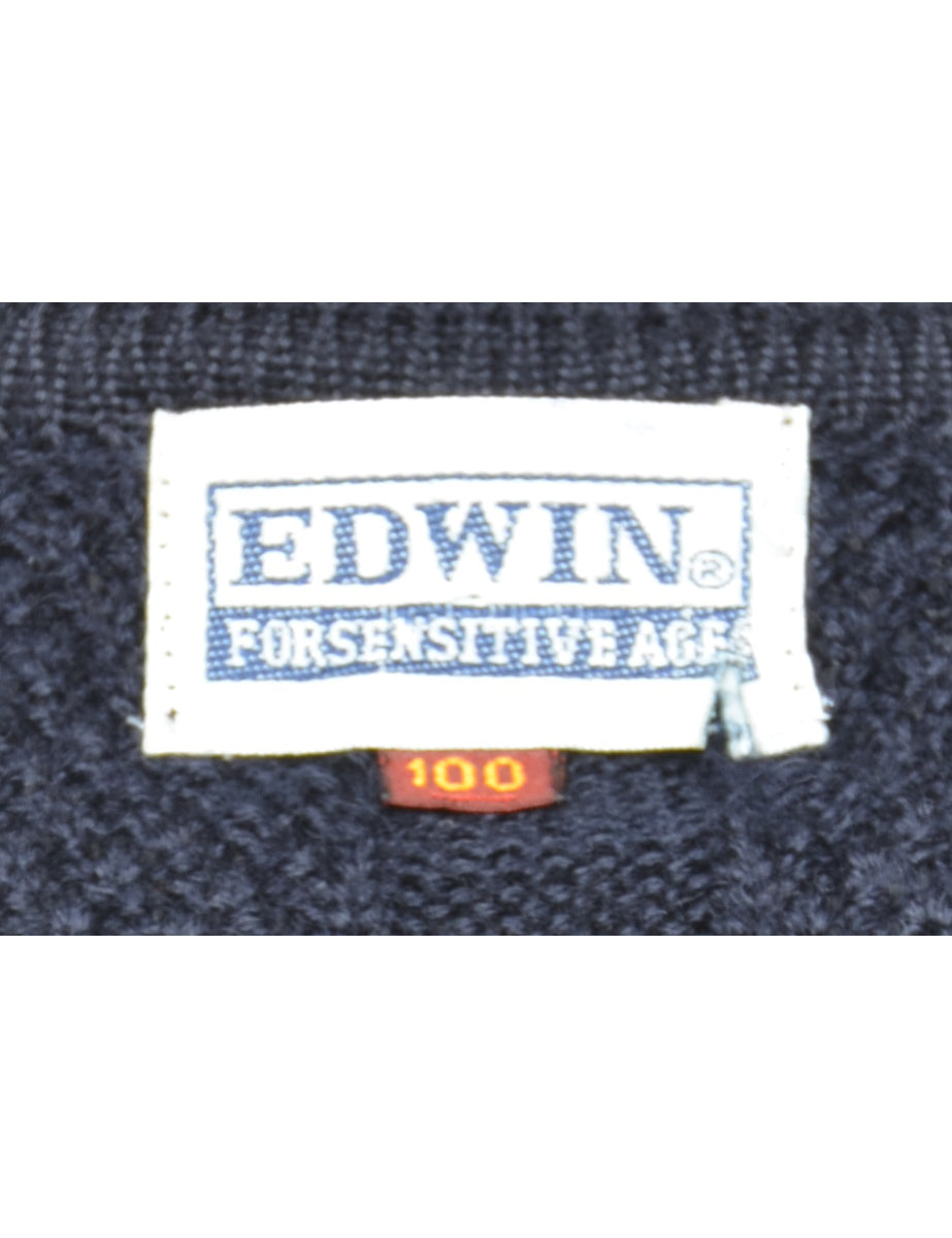 Cable Knit Navy V-Neck Jumper - L