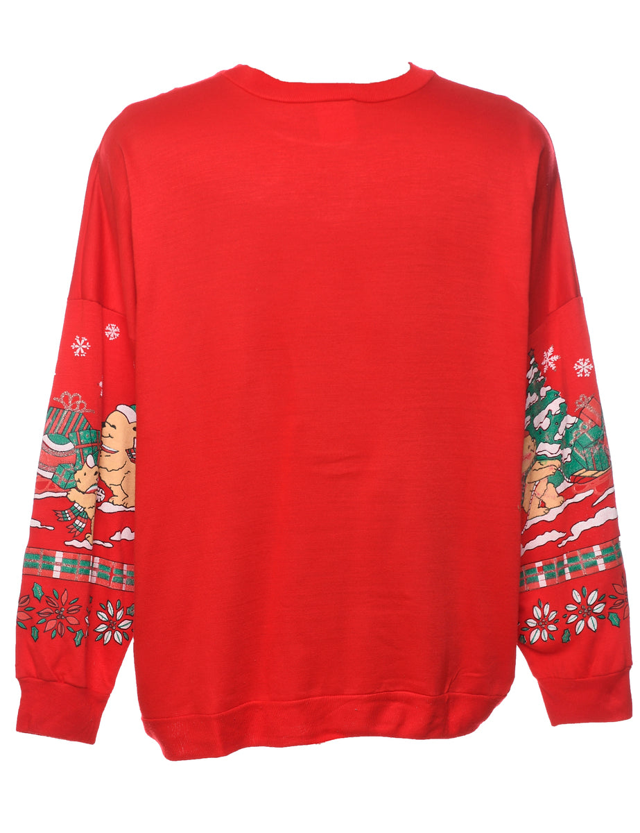 Teddy Bear Print Red Classic Christmas Sweatshirt - L