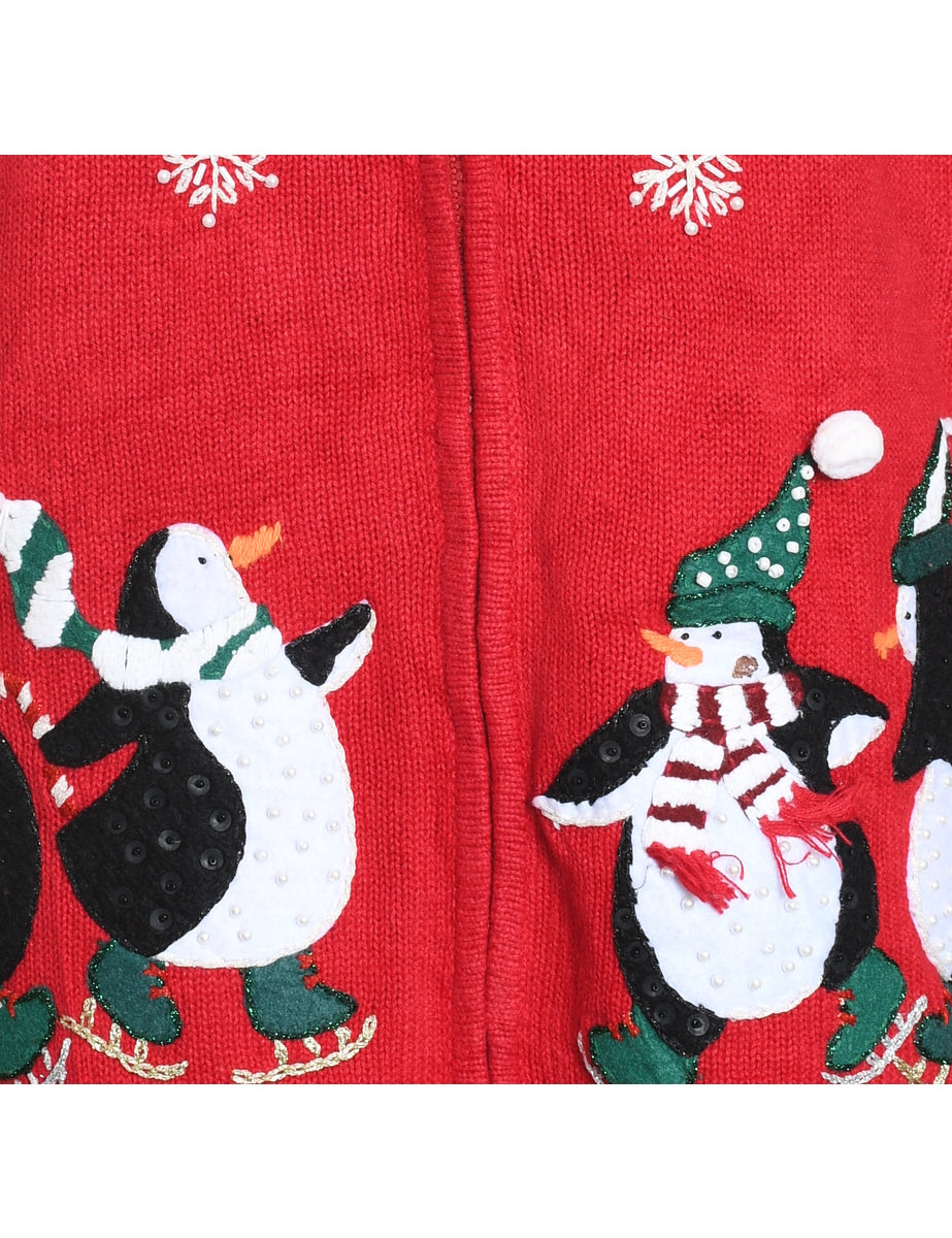 Red Embroidered Zip-Front Christmas Cardigan  - M