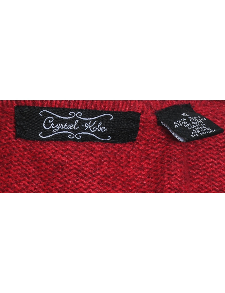 Snowman Design Red Embroidered Christmas Cardigan - XL