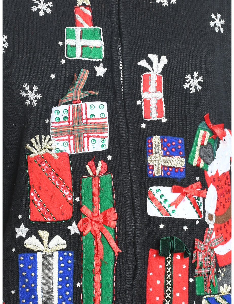 Santa Claus Design Black Embroidered Christmas Cardigan - S