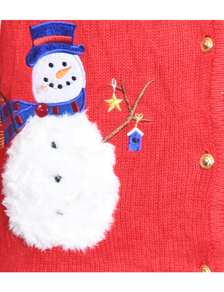 Snowman Design Red Faux Fur Collar Christmas Cardigan - L