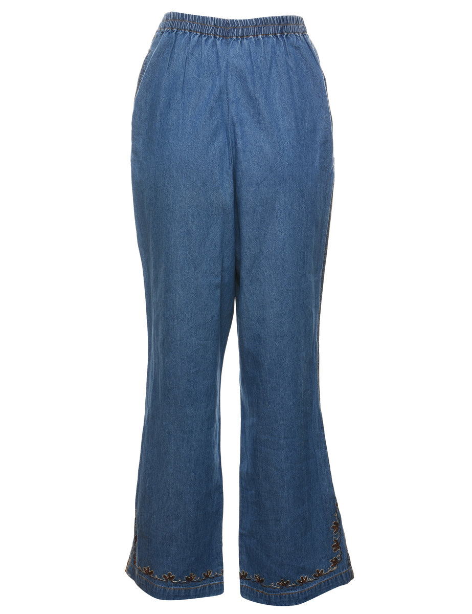Flared Leg Embroidered Medium Wash Denim Trousers - W20 L32