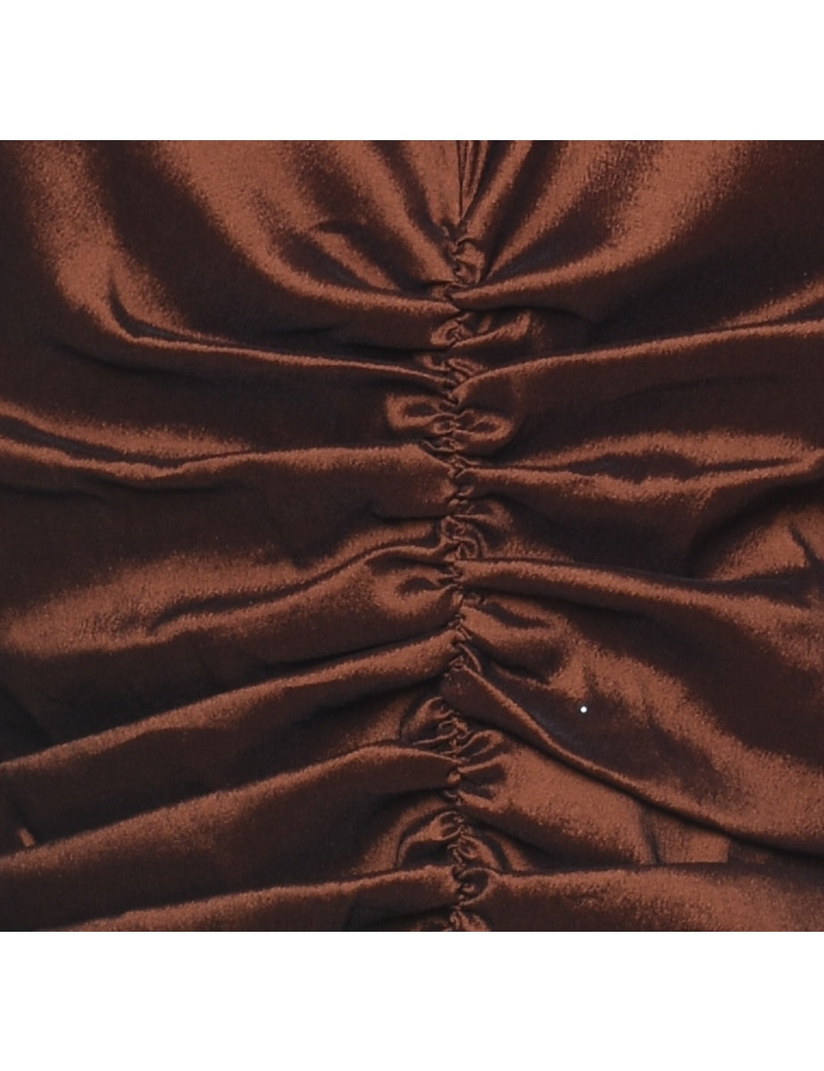 Brown Ruched Silky Y2K Evening Top - L