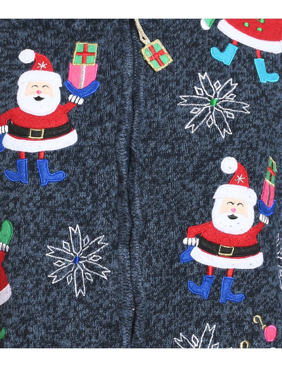 Santa Claus Navy Embroidered Christmas Cardigan - M