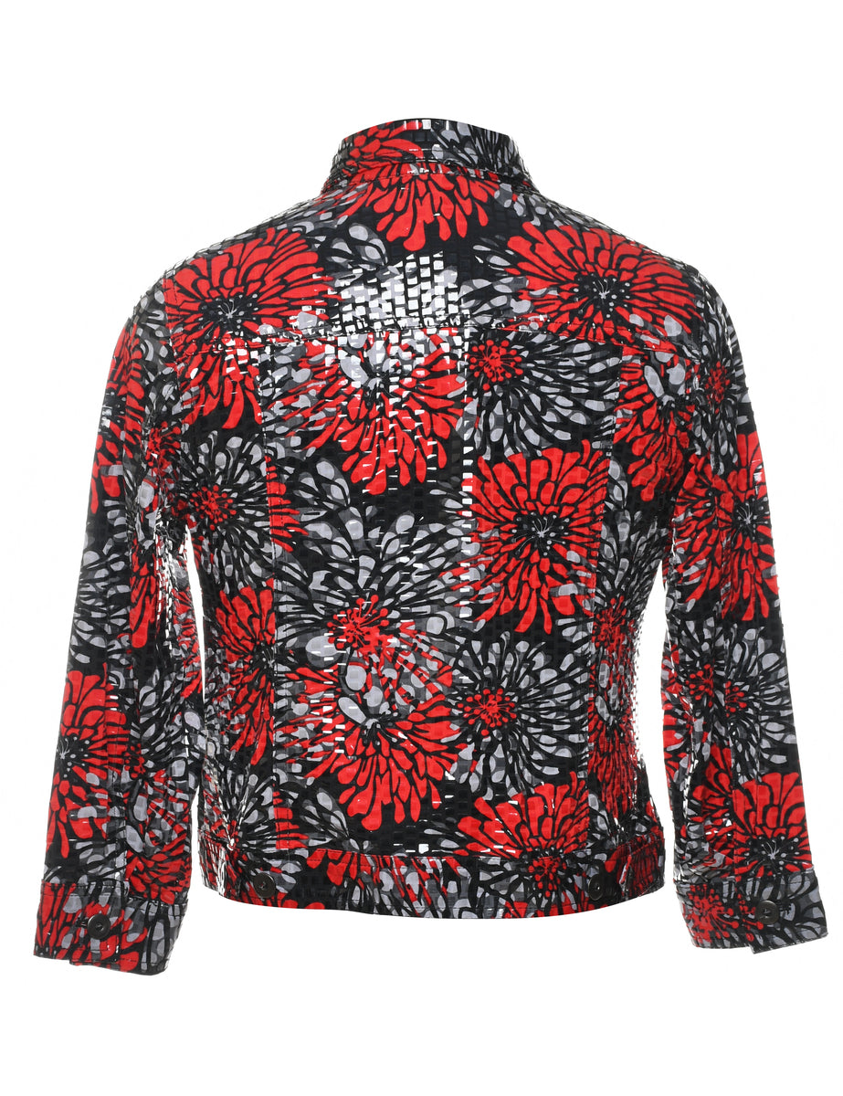 Floral Pattern Red & Black Sparkly Evening Jacket - S