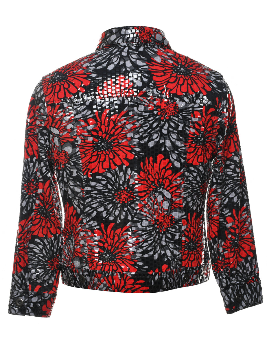 Floral Pattern Grey, Red & White Sparkly Jacket - M