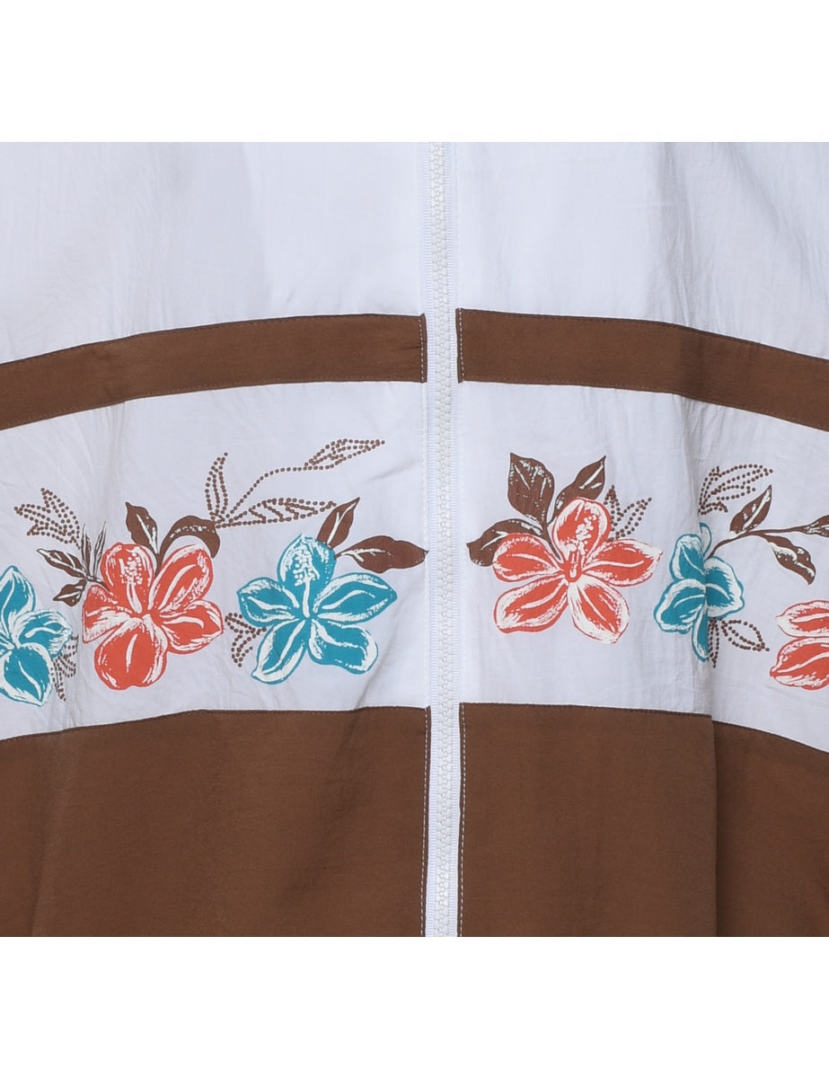Teddi Floral Pattern White & Brown Nylon Jacket - L