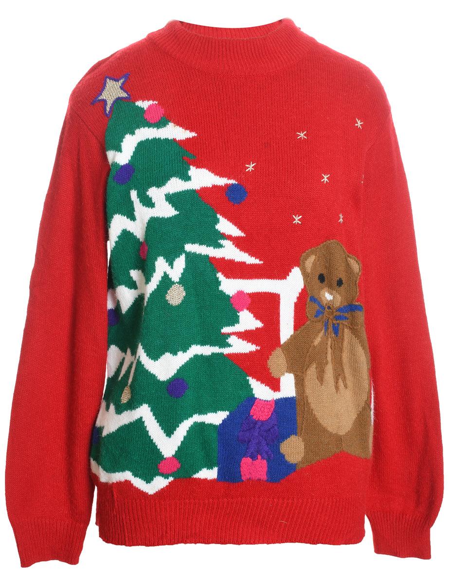 Teddy Bear Print Christmas Jumper - M