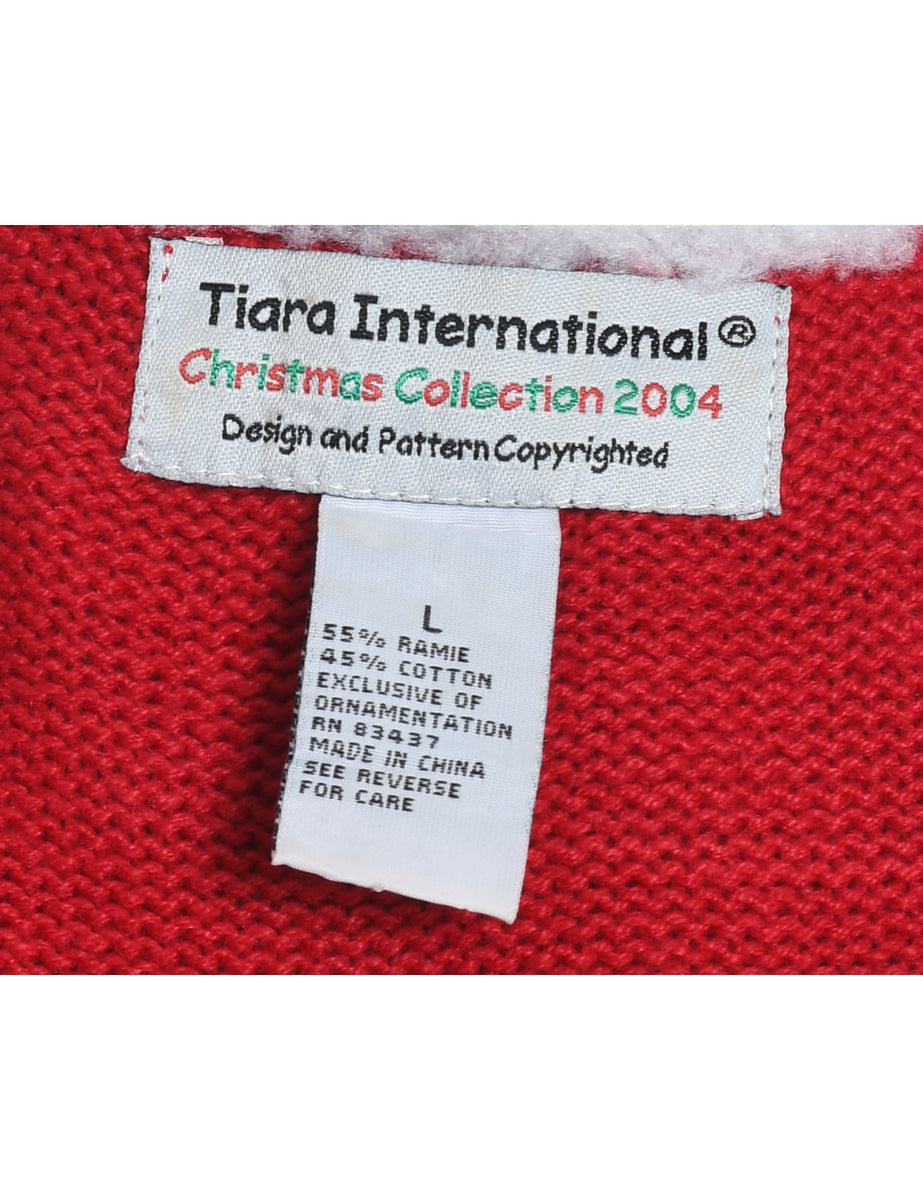 Polar Bear Design Red & White Appliqued Christmas Cardigan - L