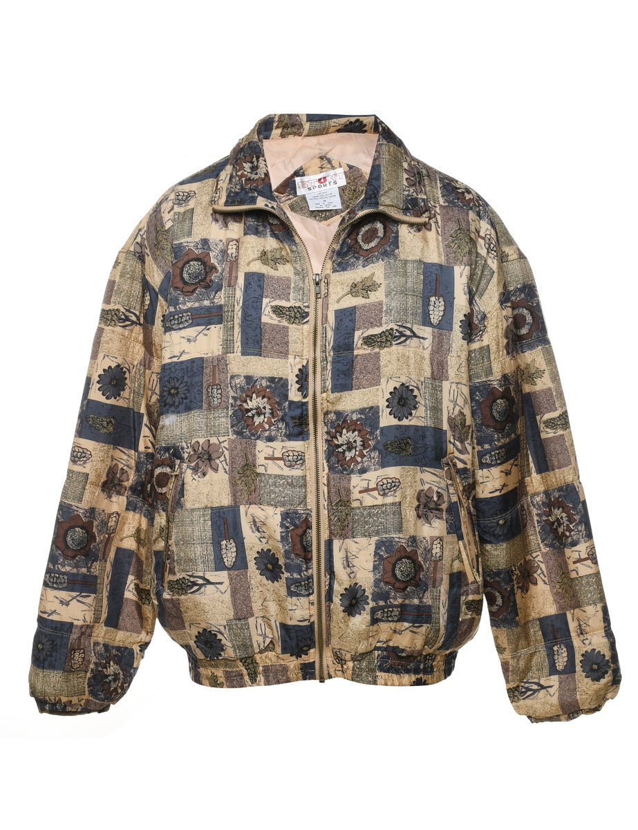 Floral Pattern Beige & Navy Silk Jacket - M