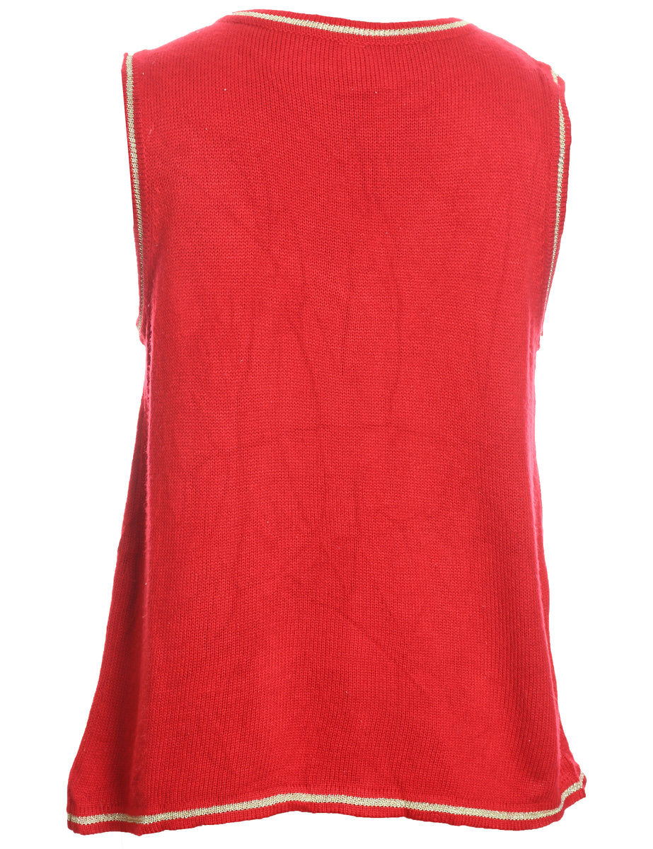Snowman Design Red Embroidered Christmas Sweater Vest - M