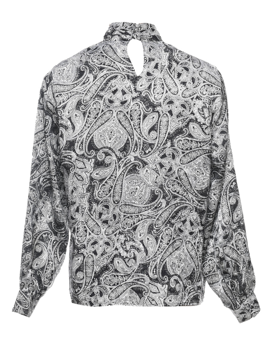 Black & White High Neck Paisley Blouse - L