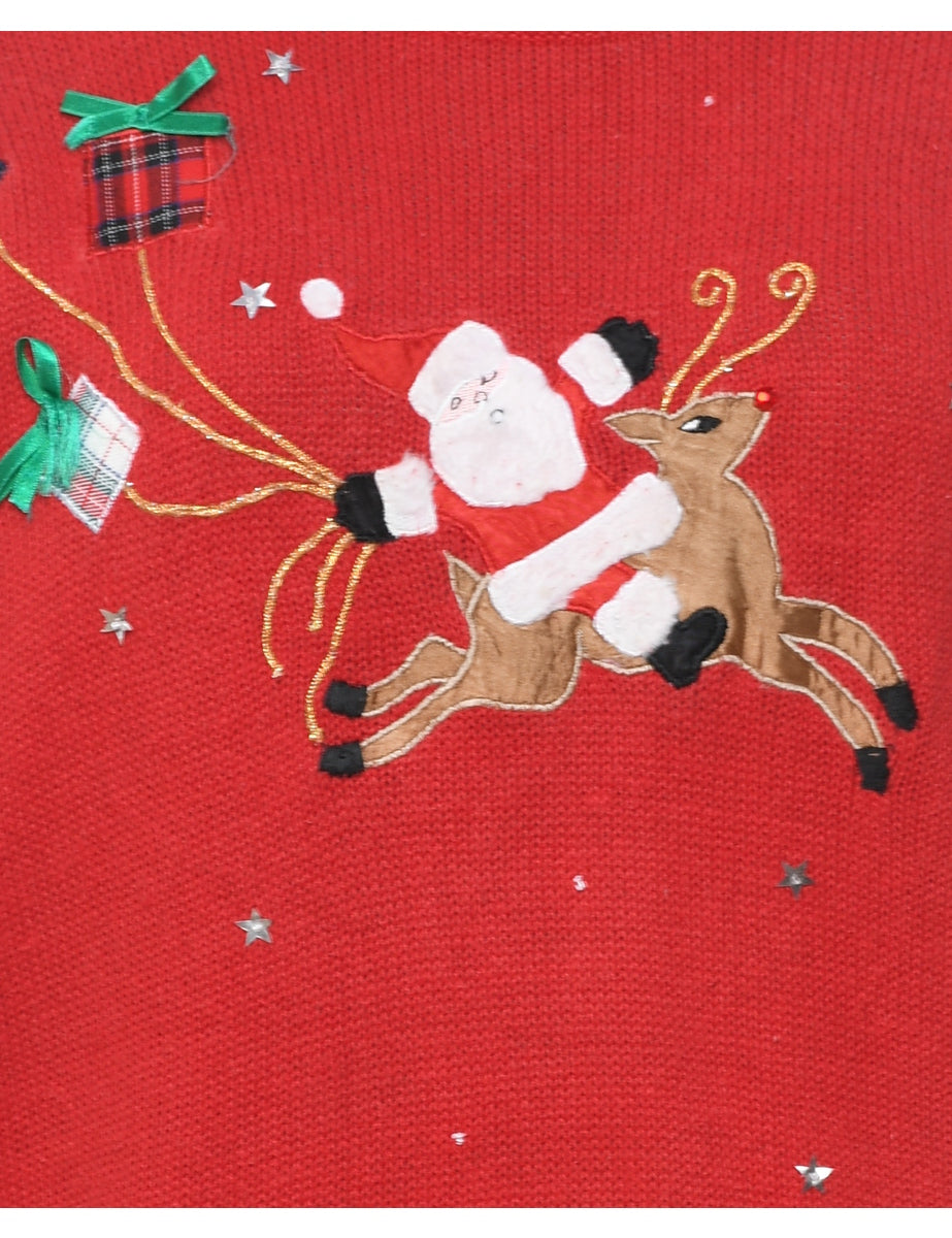 Santa Claus & Reindeer Vintage Christmas Jumper - XL
