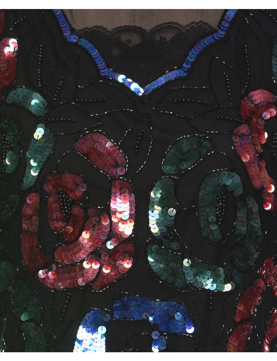 Sequined & Beaded Silk Party Top - S