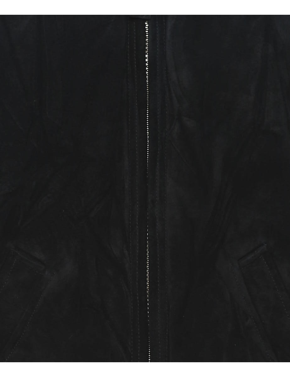 Black Shearling Lined Zip-Front Suede Jacket - M