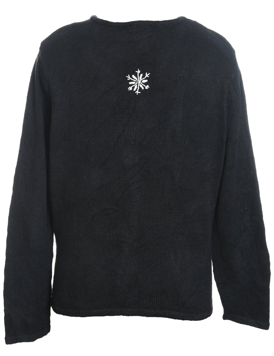 Santa Claus Design Black Zip-Front Christmas Cardigan - M