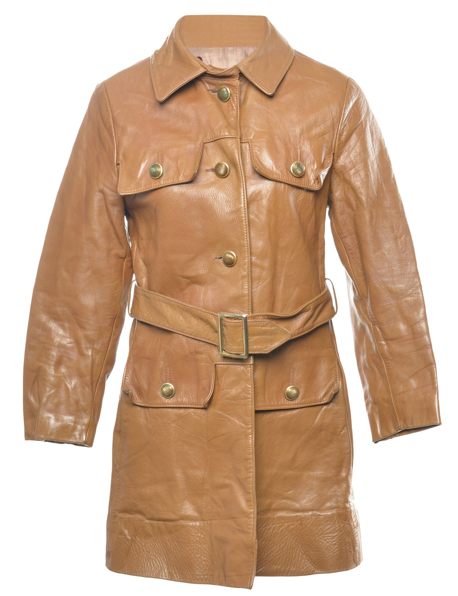 Double Breasted Brown Leather Jacket - S