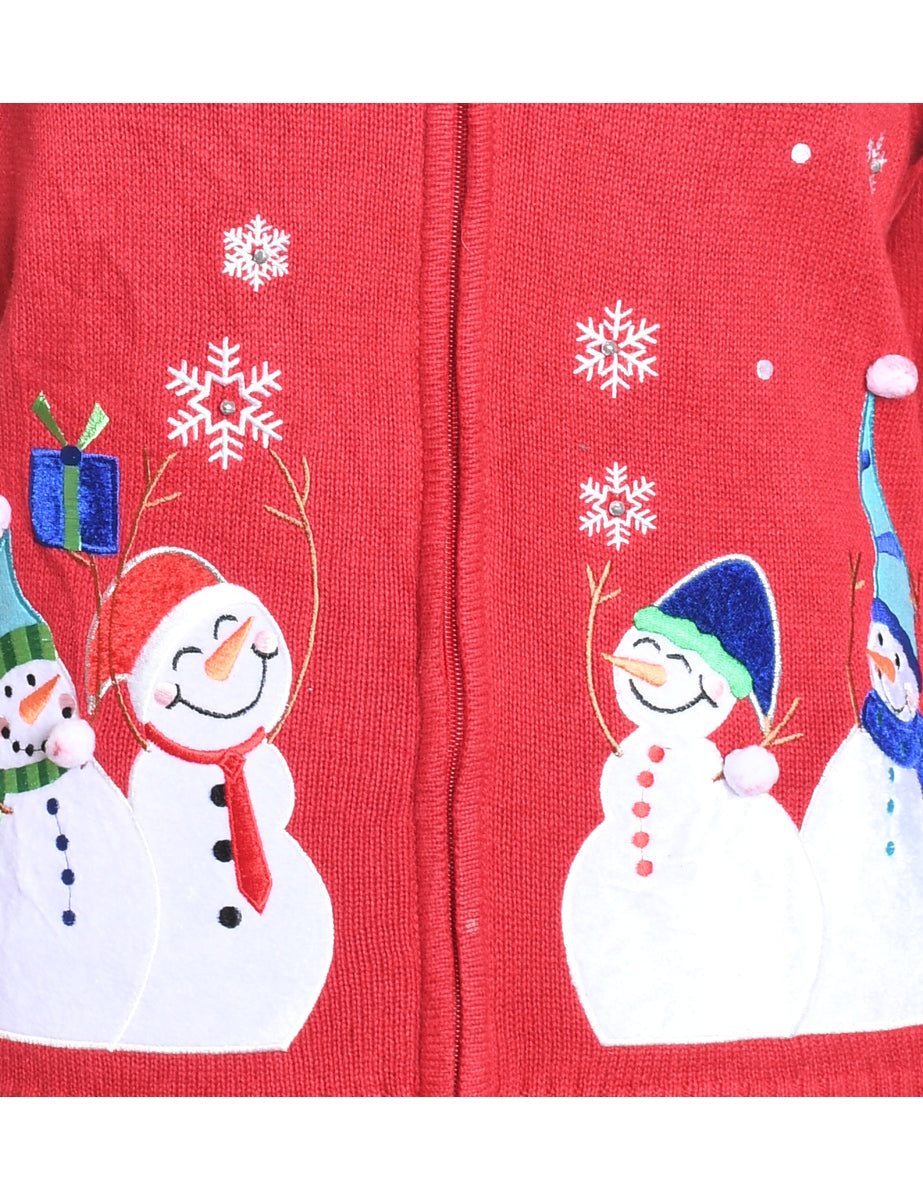 Snowman Design Red Zip-Front Embroidered Christmas Cardigan - M