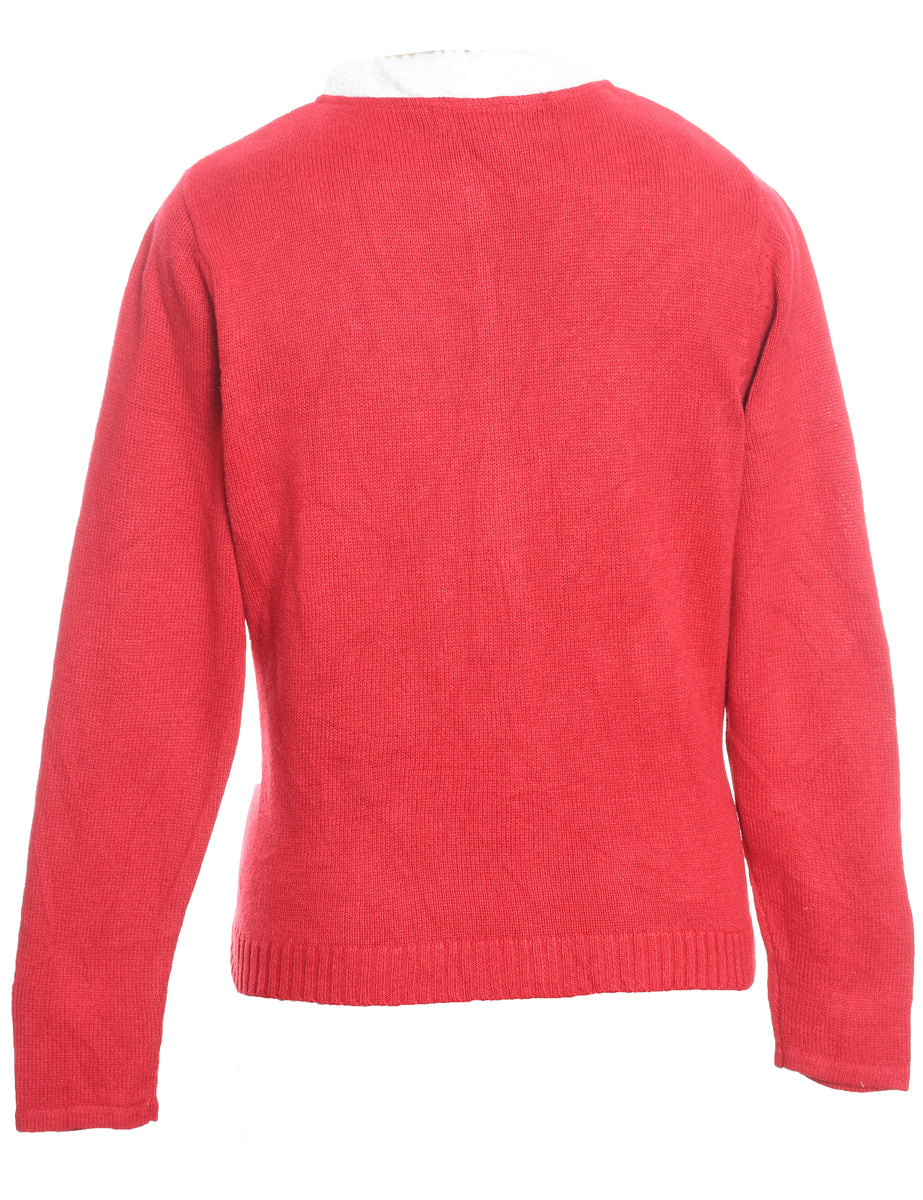 Snowman Design Red Zip-Front Embroidered Christmas Cardigan - M