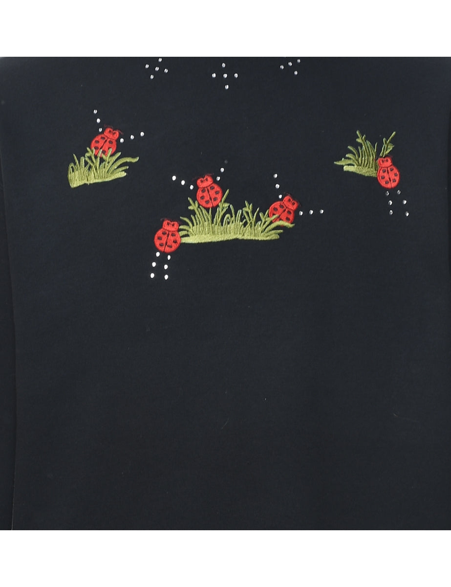 Black & Red Round Neck Embroidered Sweatshirt - M