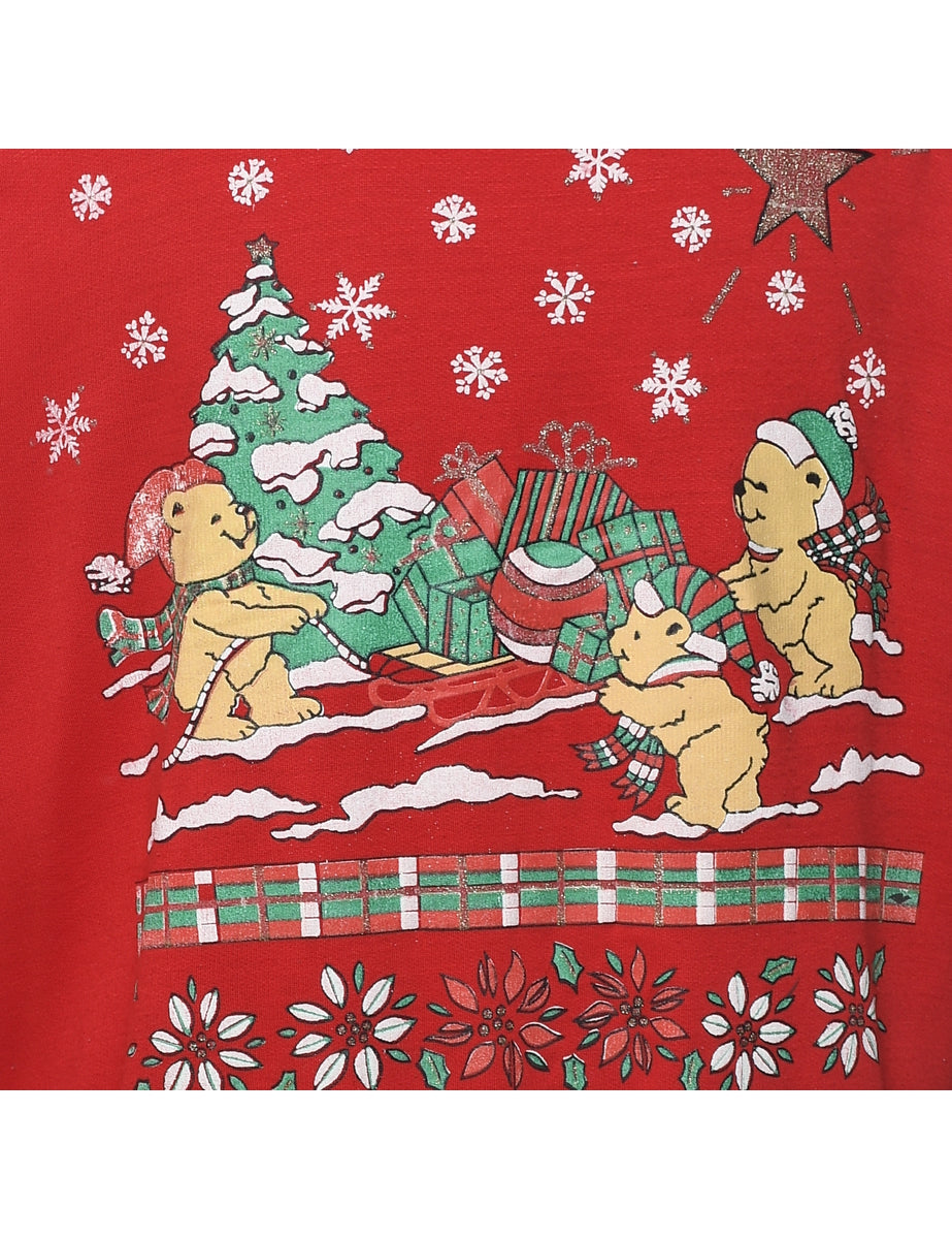 Teddy Bear Print Red Classic Christmas Sweatshirt - L