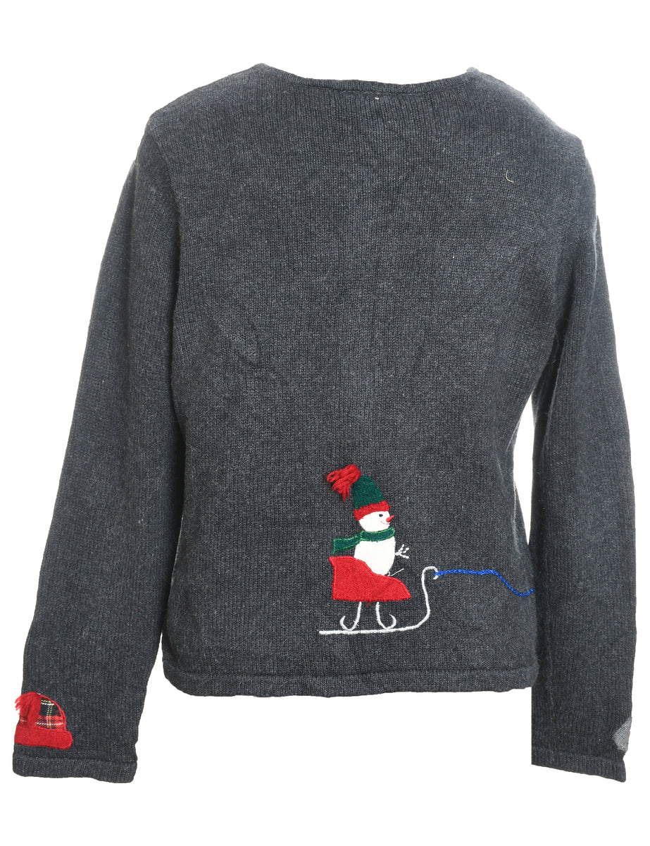 Snowman Design Grey Zip-Front Christmas Cardigan - M