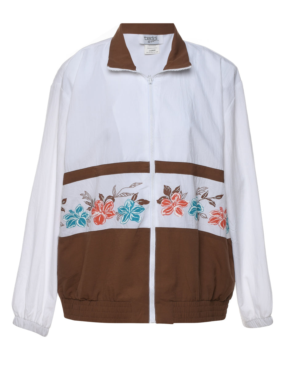 Teddi Floral Pattern White & Brown Nylon Jacket - L