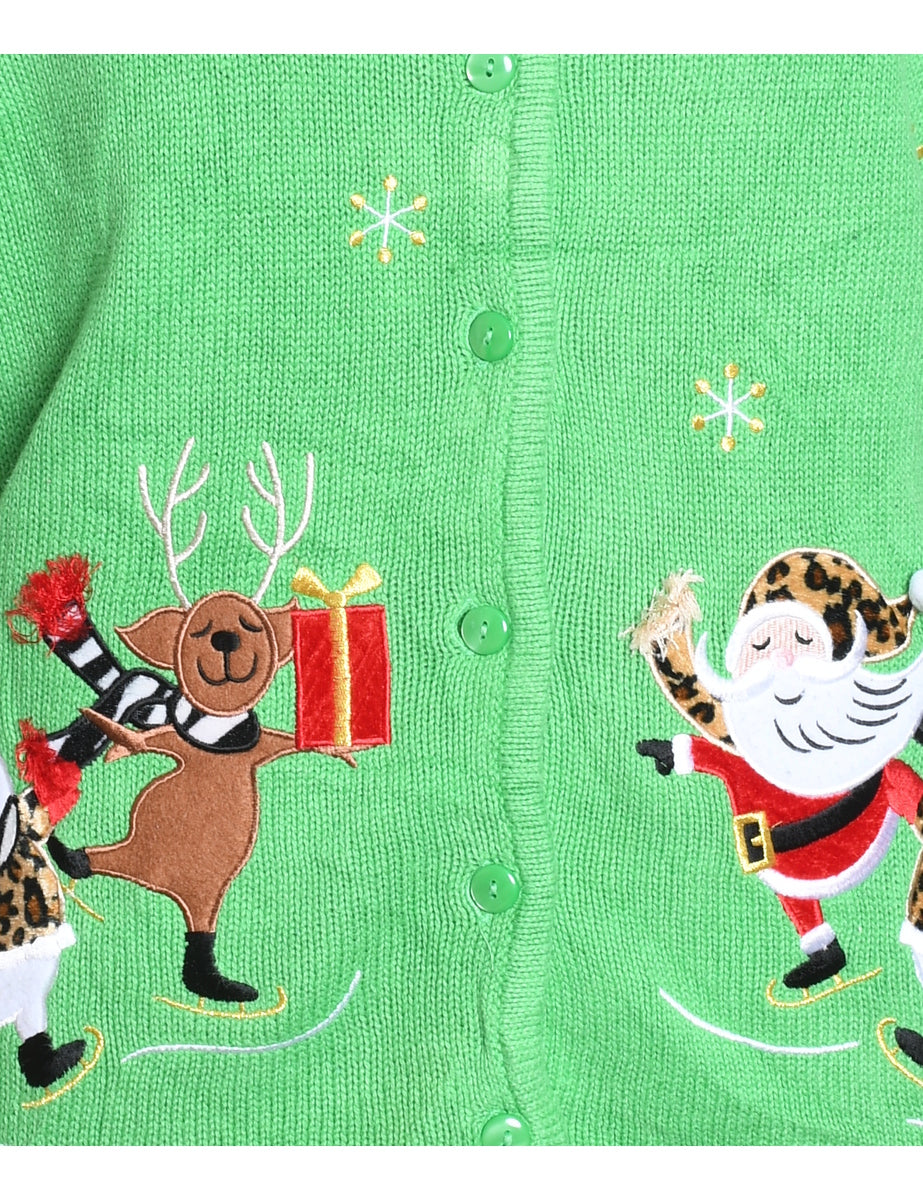 Santa Claus & Reindeer Design Light Green Christmas Cardigan - M