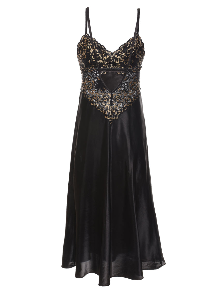 Black & Gold 1990s Lace Trim Slip Dress - S