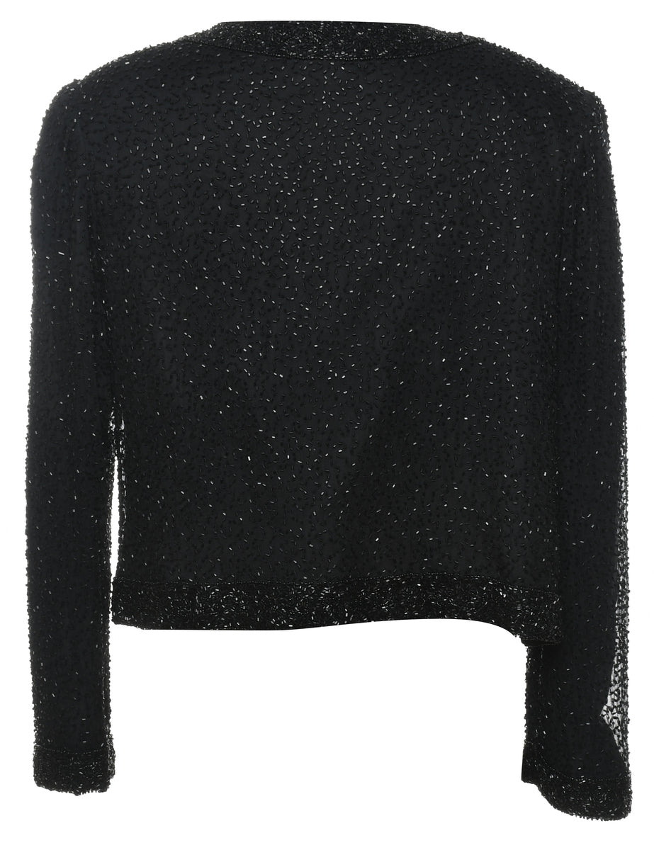 Black Beaded Silk Evening Jacket - M